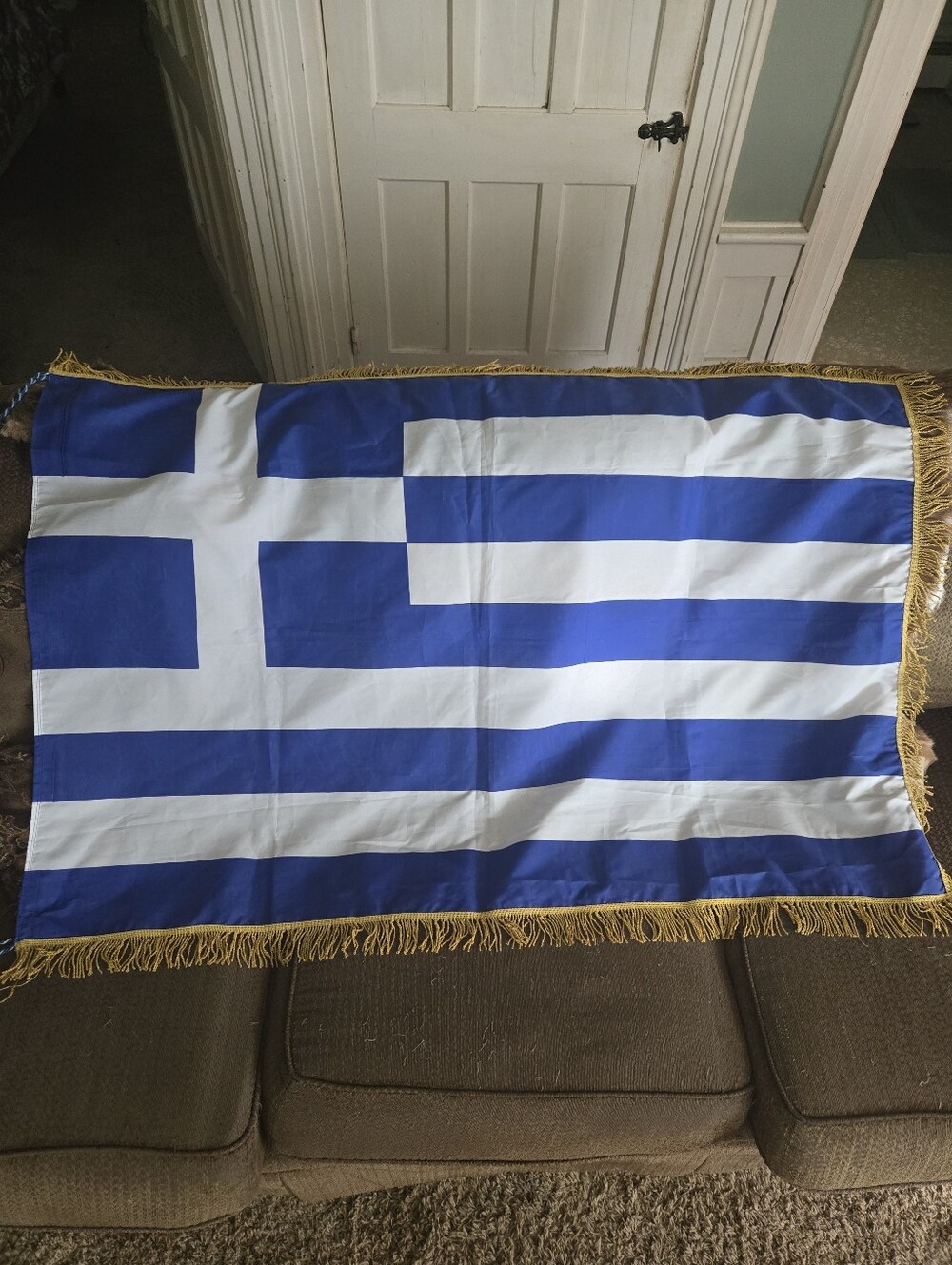 Vintage 1960-70s Greek Flag w/ Gold Fringe Trim, "ΗΛΙΑΣ ΚΟΥΚΟΥΝΗΣ" Label AHEPA